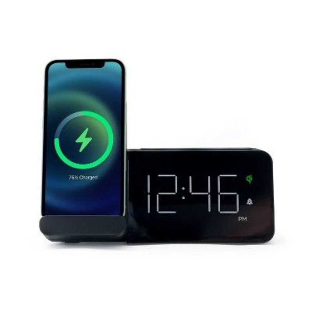 Power Stand Alarm Table Clock with Wireless Charger & USB Port - Black